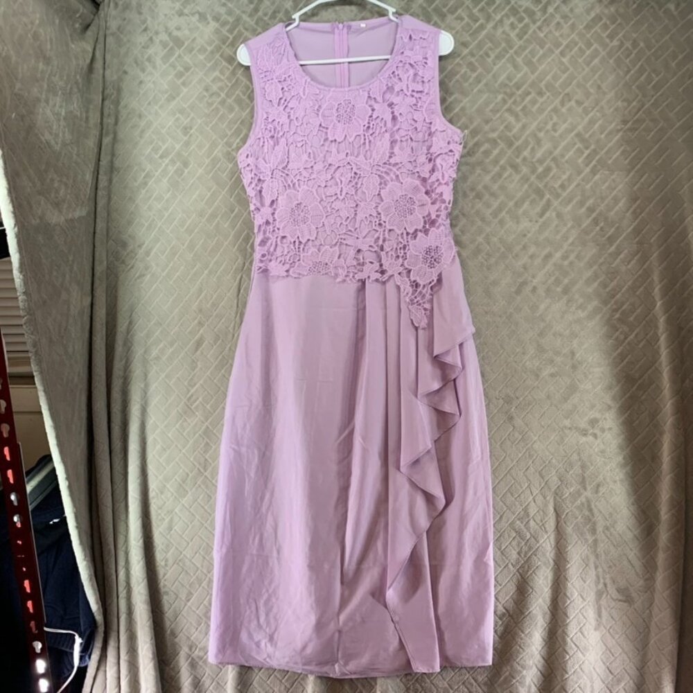 Dress Womens L Lilac Purple Floral Lace Ruffle Sleeveless Fitted Pencil Skirt